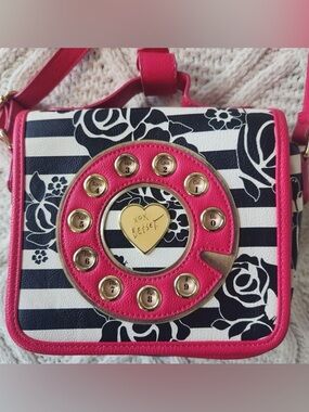 Betsey Johnson Pink Black White Floral Rotary Crossbody Bag